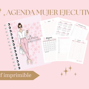 Puede incluir: Una agenda rosa con espiral con el texto "AGENDA MUJER EJECUTIVA" y "pdf imprimible". La portada presenta una ilustración de una mujer con camisa blanca y pantalón rosa. Las páginas interiores incluyen calendarios y hojas de organización.