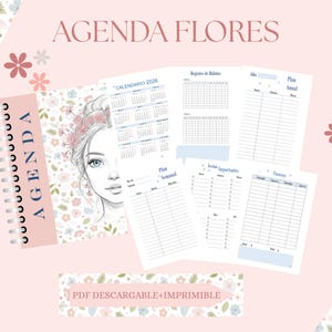 Puede incluir: Una agenda floral rosa con el texto "AGENDA FLORES" y "AGENDA" en el lomo. La agenda incluye un calendario, planificador semanal y otras páginas. Un dibujo de una mujer con flores en el pelo está en la portada. También está presente el texto "PDF DESCARGABLE+IMPRIMIBLE".