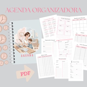 Peut inclure: Un agenda à spirales avec une illustration d'une mère et son enfant sur la couverture. L'agenda comprend des pages de calendrier, des suivis financiers et d'autres outils d'organisation. Le texte "AGENDA ORGANIZADORA" et "AGENDA" sont visibles.