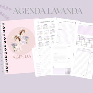 May include: A pink spiral-bound planner with the word "AGENDA" and the text "AGENDA LAVANDA". The cover features a circular illustration of two women holding lavender. Interior pages include a 2024 calendar and lined pages.