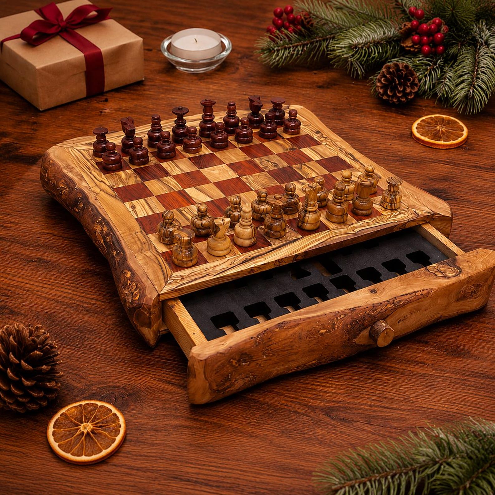 Live Edge Wooden Chess Set With Drawer | Rustic Natural Wood Game, Free Personalization