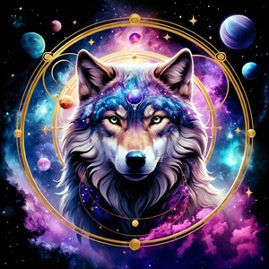 Könnte beinhalten: Digitale Illustration eines Wolfes mit kosmischem Thema. Das Fell des Wolfes ist eine Mischung aus Weiß, Braun und Blau, mit einem Galaxien-Design auf der Stirn. Der Hintergrund zeigt Planeten, Sterne und wirbelnde violette und blaue Nebel, umrahmt von einem goldenen Kreis.
