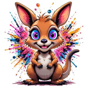 Könnte beinhalten: Cartoon-Illustration eines lächelnden Kängurus mit großen blauen und lila Augen, braunem Fell und einem weißen Bauch. Der Hintergrund zeigt bunte Farbspritzer in Rosa, Blau, Gelb und Orange.