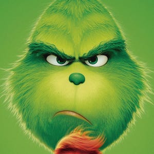 Könnte beinhalten: Nahaufnahme des Grinch und Max, dem Hund. Der Grinch ist grün mit einem wütenden Gesichtsausdruck, und Max ist rot-orange mit einem fröhlichen Gesichtsausdruck. Der Hintergrund ist einfarbig grün.