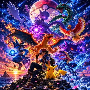 Könnte beinhalten: Eine lebendige digitale Illustration mit einer zentralen menschlichen Figur mit Kappe und Rucksack, die mit Pikachu auf einer felsigen Klippe sitzt. Sie sind umgeben von verschiedenen Pokémon wie Mewtu, Glurak, Lucario und Ho-Oh vor einem kosmischen Himmel.