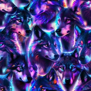 Könnte beinhalten: Ein lebendiges, digital erstelltes Muster mit mehreren Wolfsgesichtern. Die Wölfe sind mit einer Neon-Farbpalette aus Blau-, Lila- und Rosatönen dargestellt, was eine mystische Ästhetik erzeugt. Das Kunstwerk hat einen detaillierten, malerischen Stil.