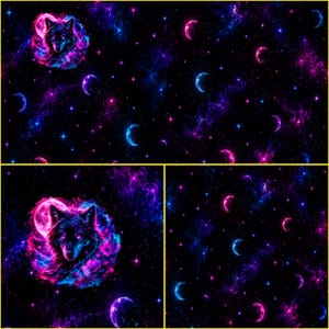 Könnte beinhalten: Ein Stoffmuster mit einem Wolfskopf, der von einem leuchtend rosa und blauen Nebel umgeben ist, vor einem schwarzen Hintergrund mit verstreuten Sternen und Mondsicheln in Rosa-, Blau- und Violetttönen über das gesamte Design hinweg.