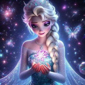 Könnte beinhalten: Digitale Illustration einer Prinzessin mit blonden Zöpfen, die einen Juwelenkrone und ein blaues Kleid trägt. Sie hält eine leuchtende Blume, mit sternenklarem Hintergrund und einem Schmetterling.
