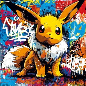Könnte beinhalten: Ein lebendiges Kunstwerk mit Evoli, einem beliebten Pokémon-Charakter, vor einem Graffiti-Hintergrund. Das Kunstwerk zeigt Evoli in Gelb-, Orange- und Weißtönen, mit einem flauschigen Kragen und großen Ohren. Der Hintergrund ist eine bunte Mischung aus Graffiti-Tags und Farbspritzern.