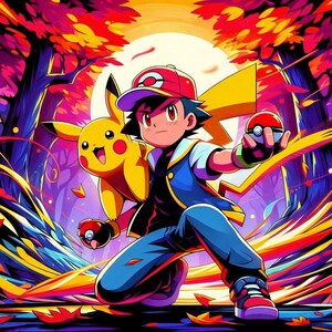 Könnte beinhalten: Lebendige digitale Kunst mit einem jungen Charakter in einer blauen Weste, roter Mütze und blauen Jeans, der einen rot-weißen Pokéball hält, mit einem gelben Pikachu an seiner Seite. Der Hintergrund zeigt einen Wald mit bunten Bäumen und einer hellen Sonne.