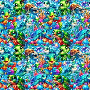 Könnte beinhalten: Ein lebendiges, sich wiederholendes Muster mit Cartoon-Schildkröten in Grün-, Blau- und Brauntönen. Die Schildkröten sind von bunten Korallen und aquatischen Elementen umgeben, was ein verspieltes und skurriles Design ergibt.