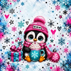 Könnte beinhalten: Eine digitale Illustration eines Pinguins mit einer rosa Strickmütze mit der Aufschrift HO HO HO und einem passenden Schal. Der Pinguin hält eine türkisfarbene Tasse mit Schneeflockenmuster und Schlagsahne. Ein blaues Geschenk und eine rosa Weihnachtskugel sind abgebildet.