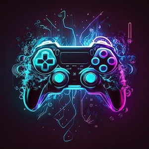 Könnte beinhalten: Eine Neon-Illustration eines Videospiel-Controllers. Der Controller ist blau und pink umrandet, mit leuchtenden Knöpfen und einem dunklen Hintergrund. Das Design integriert Leiterplattenelemente und erzeugt eine futuristische Ästhetik.