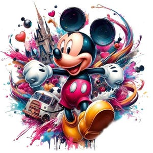 Könnte beinhalten: Eine lebendige Illustration von Mickey Mouse mit einem farbenfrohen Spritzer-Hintergrund. Mickey ist in seiner klassischen Kleidung dargestellt: rote Shorts, gelbe Schuhe und weiße Handschuhe. Der Hintergrund umfasst ein Schloss, Herzen und einen Oldtimer-Van.
