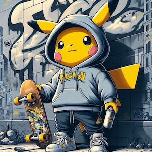 Könnte beinhalten: Ein gelber Pikachu-Charakter mit einem grauen Kapuzenpullover mit dem Wort "Pokémon", grauer Jogginghose und weißen Turnschuhen. Die Figur hält ein Skateboard und eine Sprühdose. Der Hintergrund zeigt Graffiti-Kunst auf einer Backsteinmauer.