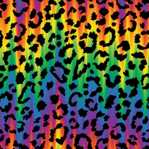 Könnte beinhalten: Ein lebendiges, farbenfrohes Muster mit einem Regenbogen-Farbverlauf-Hintergrund mit vertikalen Streifen. Über dem Farbverlauf liegen schwarze Leopardenflecken, die ein auffälliges Design erzeugen. Geeignet für verschiedene Anwendungen.