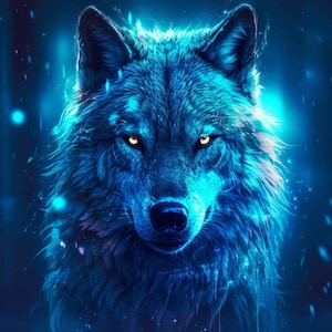 Könnte beinhalten: Digitale Illustration eines Wolfes mit blauem Fell und leuchtend gelben Augen. Das Fell des Wolfes ist detailliert, mit Fokus auf Textur und Schattierung. Der Hintergrund ist dunkelblau mit leuchtenden Partikeln, was eine mystische Atmosphäre erzeugt.