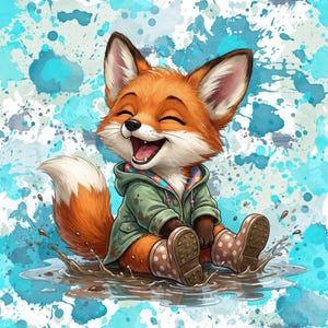 Könnte beinhalten: Ein fröhlicher Cartoon-Fuchs mit orangefarbenem Fell und weißem Akzent lacht in einer Pfütze. Der Fuchs trägt eine grüne Jacke und gepunktete Stiefel. Der Hintergrund zeigt blaue und weiße Farbspritzer.