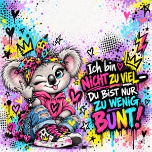 Könnte beinhalten: Ein Cartoon-Koala mit pinkem Kapuzenpullover, zerrissener blauer Jeans und einem Leoparden-Stirnband macht ein Friedenszeichen. Der Hintergrund zeigt bunte Farbspritzer, Sterne und Herzen mit dem Text Ich bin NICHT ZU VIEL DU BIST NUR ZU WENIG BUNT.