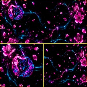 Könnte beinhalten: Ein digitales Grafikmuster mit einem Wolfskopf, umgeben von leuchtend rosa Kirschblüten und wirbelnden blauen Lichtspuren auf schwarzem Grund. Das Design enthält verstreute rosa Blütenblätter und helle, sternartige Lichtpunkte.