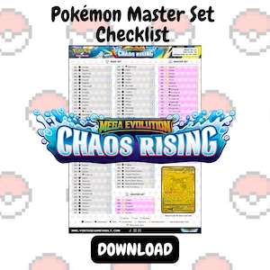 Puede incluir: Una lista de verificación de Pokémon Master Set con el texto "Pokémon Master Set Checklist" en la parte superior. La lista de verificación incluye el texto "Chaos Rising" y "Mega Evolution" con una tarjeta Pokémon dorada en la parte inferior. La palabra "Download" está en un cuadro negro.