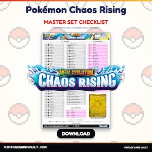 Op de afbeelding: Een Pokémon Chaos Rising master set checklist document met een lijst van kaarten met selectievakjes voor bijhouding, een centraal Mega Evolution Chaos Rising logo en een gouden kaartillustratie op een witte achtergrond met Poké Ball iconen.