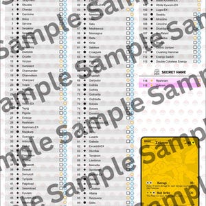 Op de afbeelding: Een checklist voor Pok&eacute;mon-verzamelkaarten voor de Black & White Legendary Treasures-set. De lijst bevat Pok&eacute;mon-namen, kaartnummers en selectievakjes. Er wordt ook een Zekrom-kaart getoond.