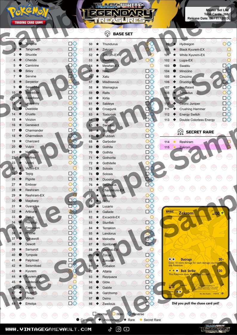 Op de afbeelding: Een checklist voor Pok&eacute;mon-verzamelkaarten voor de Black & White Legendary Treasures-set. De lijst bevat Pok&eacute;mon-namen, kaartnummers en selectievakjes. Er wordt ook een Zekrom-kaart getoond.