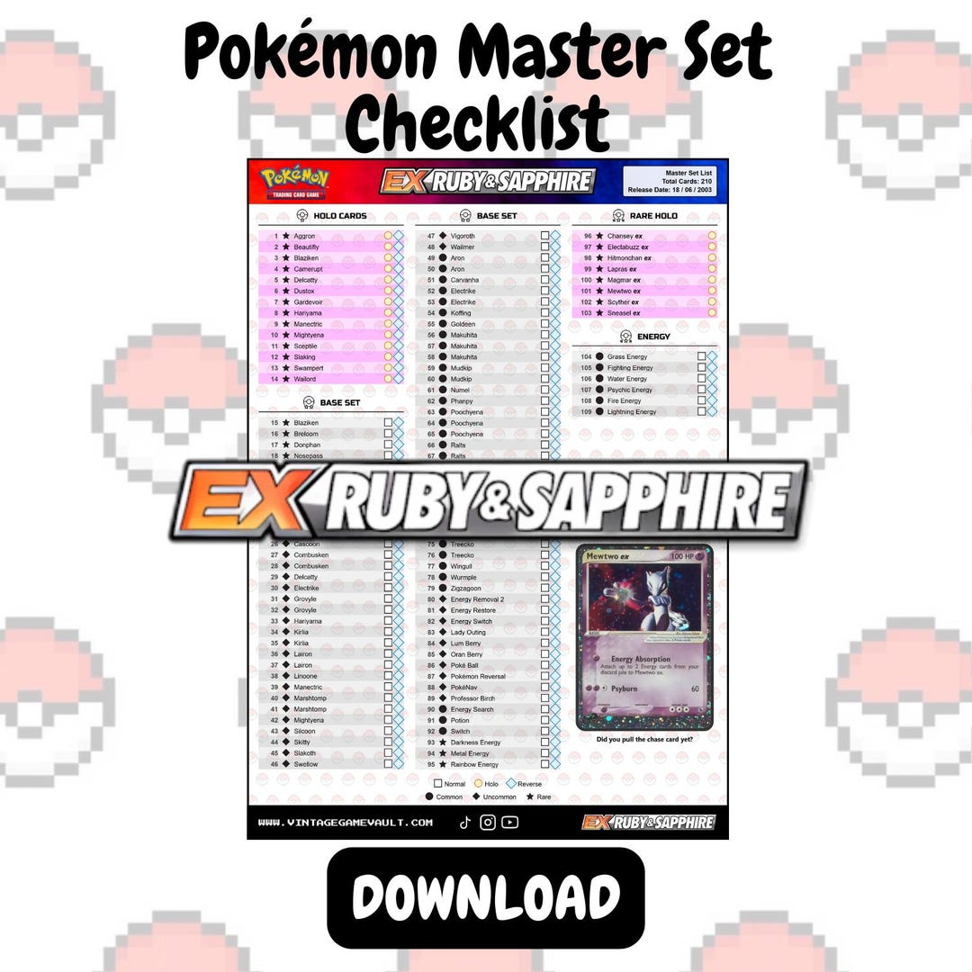 Pokémon TCG - EX Ruby & Sapphire - Master Set Checklist (download) - Etsy