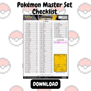 Op de afbeelding: Een Pok&eacute;mon Master Set Checklist met de tekst "Pok&eacute;mon Master Set Checklist" bovenaan. De checklist bevat een lijst met Pok&eacute;mon-kaarten en een "Download"-knop onderaan. Een Pok&eacute;mon-kaart wordt rechtsonder weergegeven.
