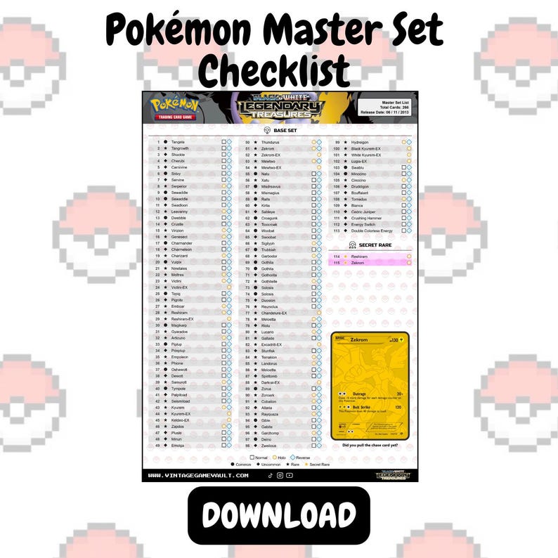 Op de afbeelding: Een Pok&eacute;mon Master Set Checklist met de tekst "Pok&eacute;mon Master Set Checklist" bovenaan. De checklist bevat een lijst met Pok&eacute;mon-kaarten en een "Download"-knop onderaan. Een Pok&eacute;mon-kaart wordt rechtsonder weergegeven.