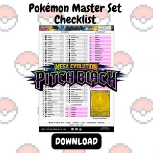 May include: A Pokémon Master Set Checklist for the Pitch Black expansion. The document features a grid layout with columns for Base Set and Master Set, including checkboxes, card names, and a gold card graphic. The text reads Pokémon Master Set Checklist, Mega Evolution Pitch Black, and Download.