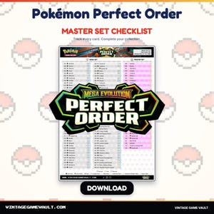 Puede incluir: Un documento de lista de verificación blanco titulado Pokémon Perfect Order Master Set Checklist con un gran logotipo negro y verde de Mega Evolution Perfect Order en el centro. El documento incluye columnas para números, nombres y casillas.