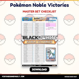 May include: A Pokémon Noble Victories Master Set Checklist document featuring a white background with a list of cards, the Black & White Noble Victories logo, and a small card illustration. The text includes Pokémon Noble Victories, Master Set Checklist, and Download.