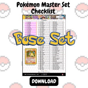 May include: A Pokémon Master Set Checklist with the text "Base Set" in yellow and blue. The checklist includes a Charizard card and a "Download" button. The background features pixelated Poké Balls.