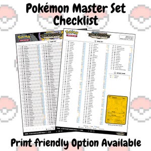 Op de afbeelding: Twee witte checklists met de tekst "Pok&eacute;mon Master Set Checklist" en "Print friendly Option Available". De checklists zijn voor het Pok&eacute;mon Trading Card Game, met een lijst met kaarten om af te vinken.