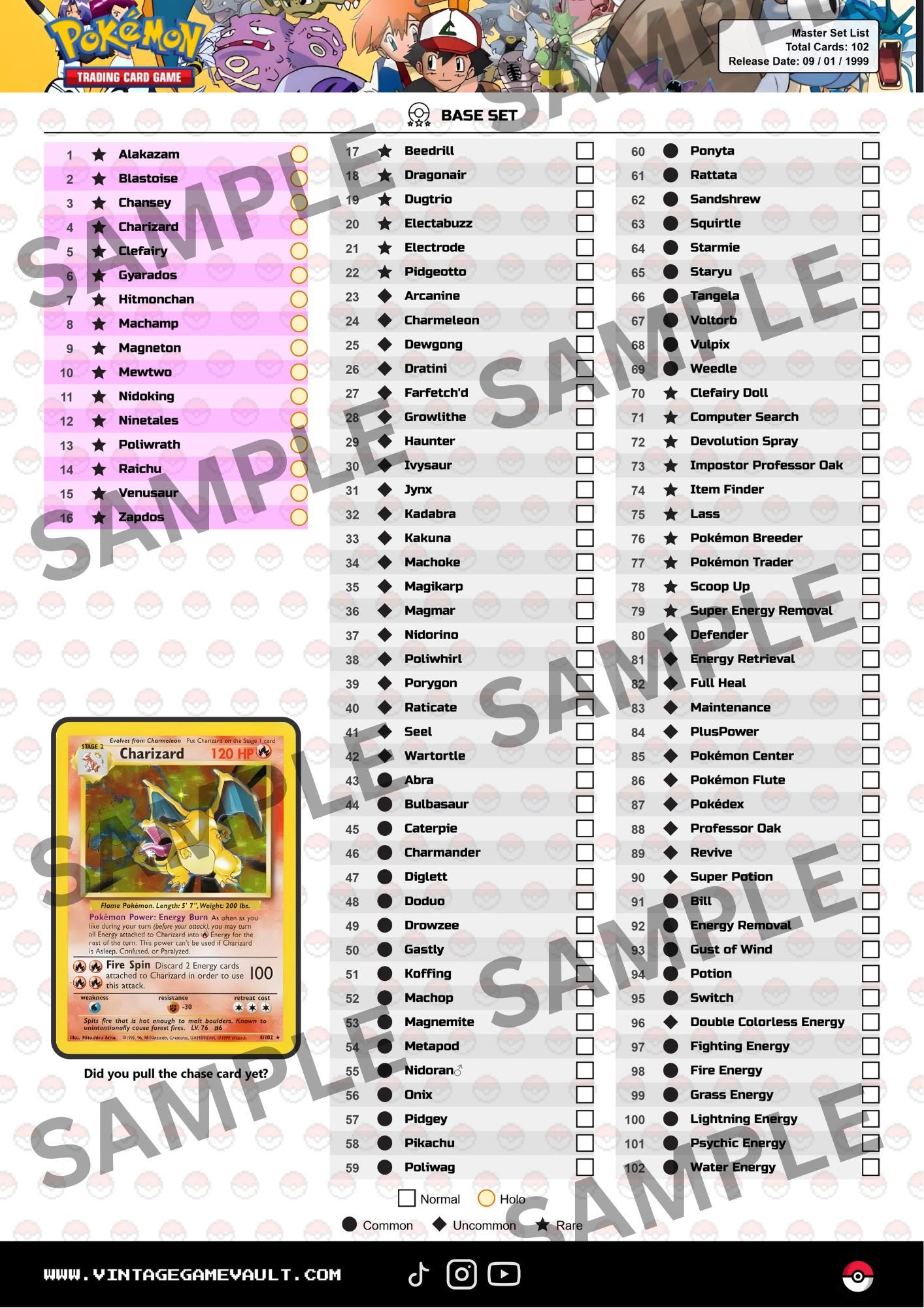 Pokémon TCG - Base Set - Master Set Checklist (download) - Etsy