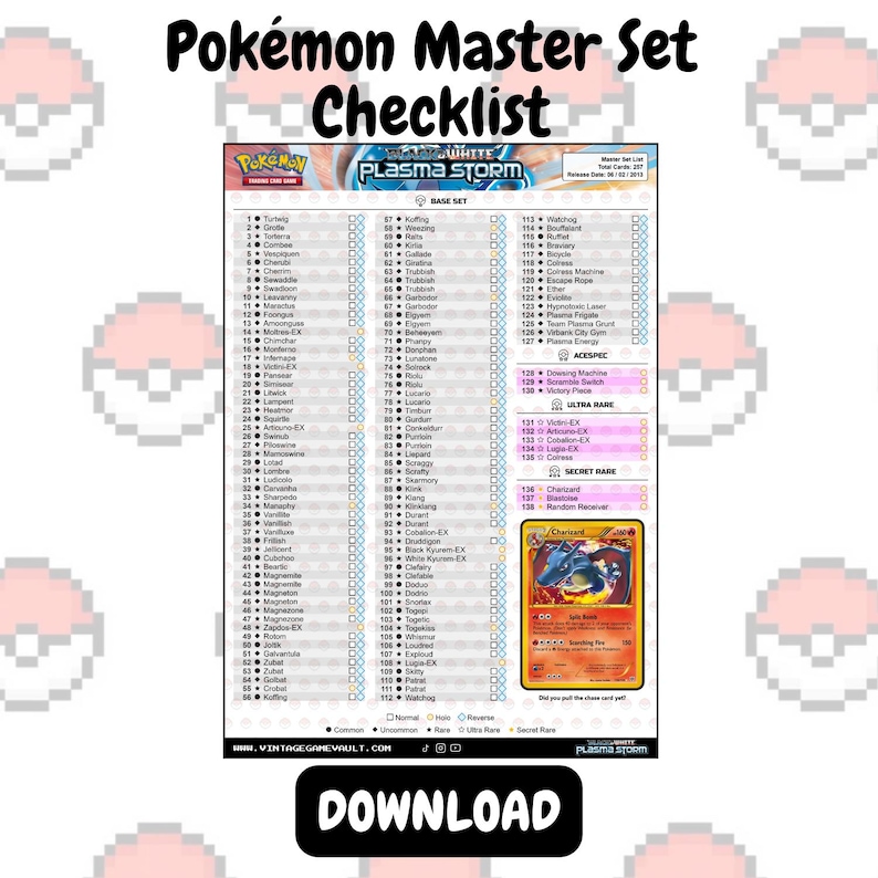 Pokémon TCG - Plasma Storm - Master Set Checklist (download) - Etsy