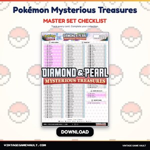 May include: A white Pokémon Mysterious Treasures Master Set Checklist for Diamond & Pearl trading cards. The document features a numbered list of cards, checkboxes for tracking, and the text Diamond & Pearl Mysterious Treasures. A black Download button is at the bottom.
