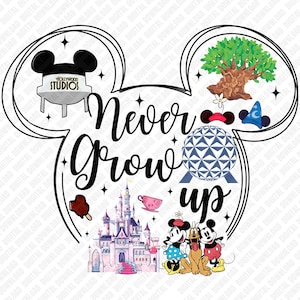 Może przedstawiać: Czarno-biały wzór głowy Myszki Miki ze słowami "Never Grow Up". Projekt zawiera ilustracje zabytków, postaci i ikon Disneya, takich jak wieża wodna Hollywood Studios i zamek Kopciuszka.