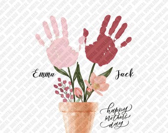Happy Mother's Day PNG Handprint Flower Pot Digital Download Art Sublimation DTF Transfer Personalize Kids Names Emma Jack Graphic Design