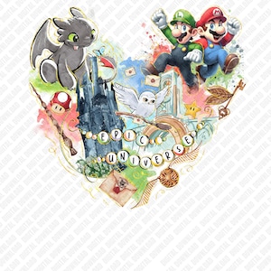 May include: A colorful digital illustration featuring characters from popular franchises. Mario and Luigi jump above a castle, while a dragon and a mushroom are on the left. The text "EPIC UNIVERSE" is in the center.