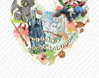 Epic Universe PNG Mario och Luigi PNG, Tandlös Drake Trollkarl Owl T-shirt Design, Universal Park Vacation Clipart, Magical Quest Digital