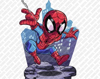 Chibi Spiderman Web Slinger PNG, New York City Skyline Sublimation, Superhero Comic Digital Download, Retro Spidey Action DTF Shirt Art