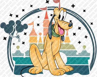 Pluto PNG, Sublimación de Castillo Retro, Transferencia DTF de Reino Mágico Vintage, Arte Digital con Ambiente Vacacional para Descarga