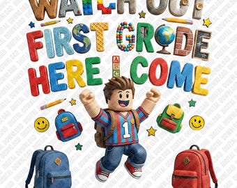 Roblox Prima elementare PNG, Attenzione, torno a scuola per DTF e sublimazione, Clipart scolastica con personaggi in stile blocco, Grafica per bambini