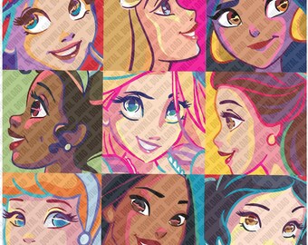 Princess Pop Art Face Grid PNG, Colorful Royal Characters Sublimation, Rapunzel Ariel Belle Tiana Digital Download, Retro DTF Shirt Art