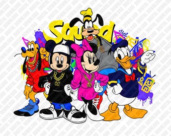 Disney Squad PNG Hip Hop Graffiti Musse Minnie Donald Långben Pluto Sublimering DTF Transfer Digital Nedladdning Konst Karaktär Klistermärke Grafik