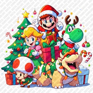 Peut inclure: Une illustration numérique montrant Mario avec un bonnet de Père Noël, la Princesse Peach, Yoshi avec des bois de renne, Bowser entouré de guirlandes lumineuses et Toad, réunis autour d'un sapin de Noël décoré avec des cadeaux emballés.