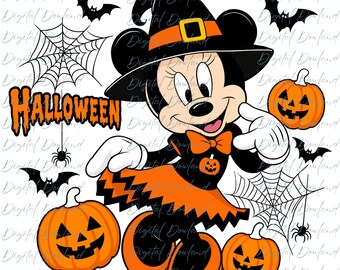 Minnie Mouse Halloween PNG, Witch Minnie PNG, Disney Halloween PNG, Orange Witch Hat Cartoon Graphic, Spooky Jack O Lanterns Clip Art